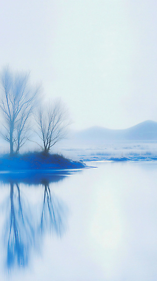 JPG 나무 호수 컬러 섬 겨울 일러스트 자연 하늘 아침 산 풍경 물 반사 고요 안개 나뭇가지 수면 조용 국내일러스트 AI일러스트 AI콘텐츠 주간 자연요소 식물 계절 날씨 생태계 파일형식