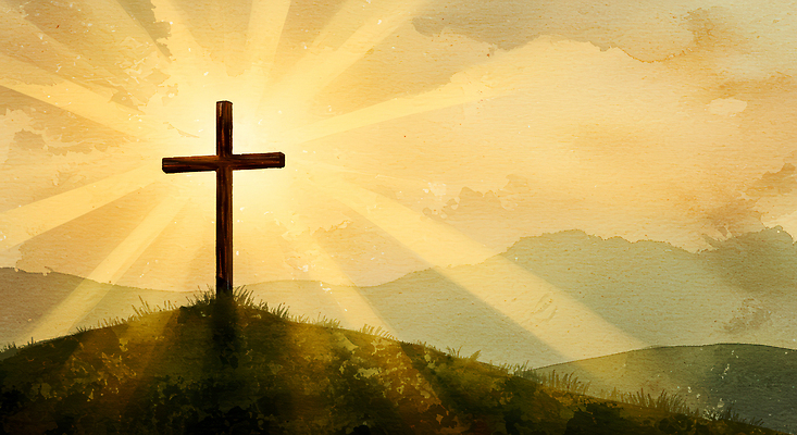 JPG 기독교 종교 여유 십자가 일러스트 자연 하늘 산 풍경 빛 햇빛 태양 평화 일출 시간 언덕 경관 국내일러스트 자연요소 감정 컨셉 노을 생태계 파일형식