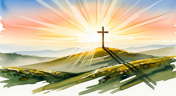 JPG 기독교 종교 예술 상징 십자가 일러스트 자연 하늘 아침 산 그림자 풍경 빛 햇빛 희망 원근감 저녁 언덕 그림 경관 국내일러스트 AI일러스트 AI콘텐츠 주간 감정 뷰포인트 태양 야간 생태계 파일형식