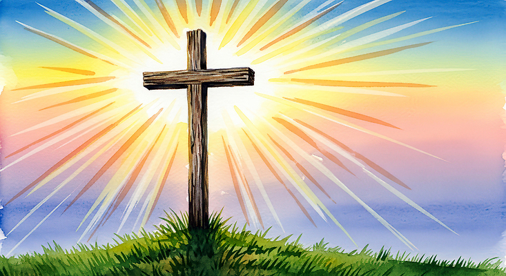 JPG 나무 기독교 종교 예술 상징 컬러 백그라운드 십자가 일러스트 자연 하늘 풍경 초원 빛 햇빛 태양 표현 그늘 그림 예배 국내일러스트 자연요소 식물 생태계 파일형식