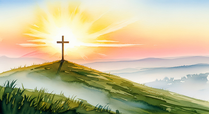 JPG 종교 십자가 일러스트 자연 하늘 아침 산 풍경 빛 햇빛 평화 일출 새벽 기도 시간 그늘 언덕 숭배 국내일러스트 AI일러스트 AI콘텐츠 주간 자연요소 컨셉 태양 노을 생태계 파일형식