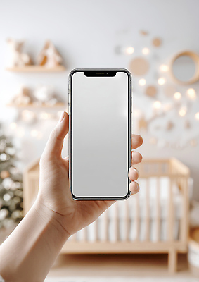 JPG 편집이미지 손 손가락 가정 조명 일상 장식 스마트폰 핸드폰 인테리어 공간 방 육아 아기 아기침대 목업 편집실사 AI인물포토 AI콘텐츠 디자인 사람 라이프 신체부위 전자제품 스마트기기 아기용품 침대 CG 파일형식 AI포토