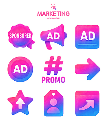 PSD 아이콘 디자인 컬러 커뮤니케이션 수채화 그래픽 알림 심볼 오브젝트 마케팅 소셜미디어 프로모션 2D아이콘 이벤트 파일형식