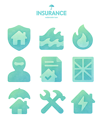 PSD 일러스트 불 수채화 주택 안전 사람 물 작업 재산 수리 위험 오브젝트 문서 보험 보장 소유 국내일러스트 자연요소 컨셉 건물 금융 파일형식