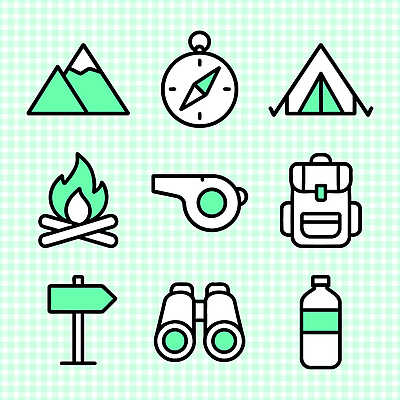 아이콘 스포츠 배낭 자연 불 산 알림판 텐트 울타리 야외활동 쌍안경 캠핑 하이킹 도구 나침반 물병 체육 오브젝트 2D아이콘 AI파일 자연요소 가방 레저 캠핑도구 담장 망원경 물통 생태계 파일형식 벡터