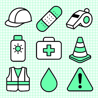 아이콘 스포츠 공사 경고 안전 물방울 조끼 작업장 구급상자 안전모 보호장비 호루라기 체육 오브젝트 신호 교통안전 사고예방 손세정제 2D아이콘 AI파일 산업 건설업 외투 장비 의료용품 헬멧 안전장비 예방 세정제 파일형식 벡터