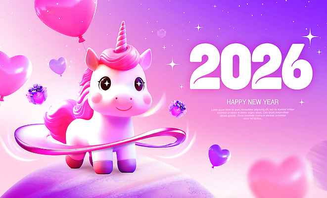 모양 편집이미지 컨셉 데이이벤트 새해 새해인사 십이지신 인사 말_동물 연도 파일형식 2026년 유니콘 축하 발렌타인데이 풍선 하트 장식 상상 캐릭터 그림 축제 컬러 이미지편집 PSD 병오년 해피뉴이어 말띠