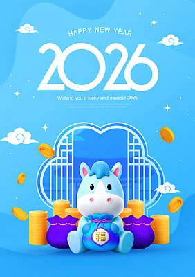 편집이미지 감정 인형 컬러 컨셉 돈 새해 새해인사 십이지신 인사 말_동물 연도 파일형식 2026년 장식 동물 동전 파란색 소원 행복 축제 마법 축하 동물인형 이미지편집 PSD 병오년 해피뉴이어 말띠