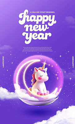 자연요소 도형 편집이미지 컬러 컨셉 모션 새해 새해인사 십이지신 인사 말_동물 연도 파일형식 2026년 유니콘 시작 장식 보라색 반짝임 원형 별 기념 감정 축하 이미지 이미지편집 PSD 병오년 해피뉴이어 말띠