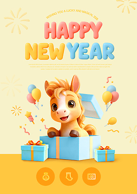 편집이미지 감정 컬러 컨셉 놀이 새해 표정 새해인사 십이지신 인사 말_동물 연도 파일형식 2026년 풍선 상자 장식 축하 놀이터 세계 상징 즐거움 축제 기쁨 웃음 파란색 이미지편집 PSD 병오년 해피뉴이어 말띠