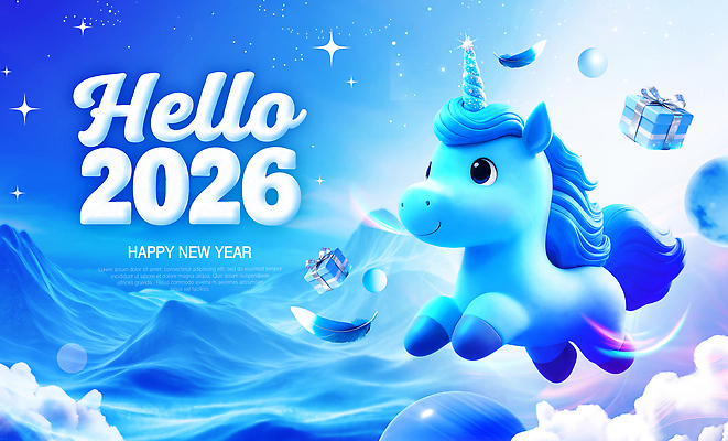편집이미지 기념일 컬러 컨셉 새해 새해인사 십이지신 인사 말_동물 연도 파일형식 2026년 유니콘 파란색 선물 캐릭터 하늘 비행 백그라운드 생일 축하 환상 이미지편집 PSD 병오년 해피뉴이어 말띠