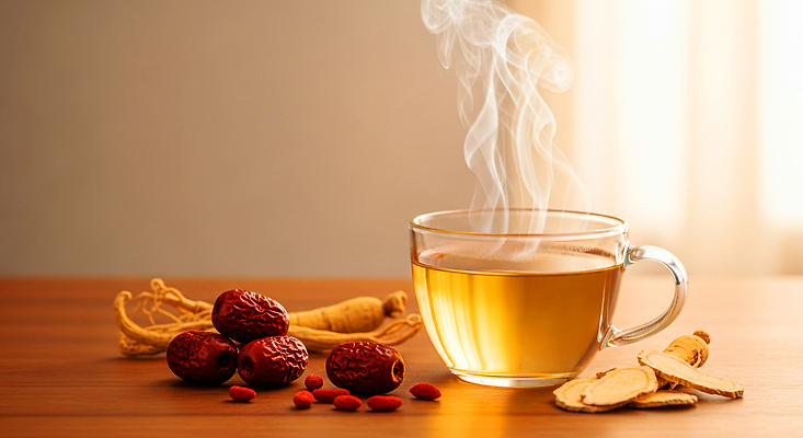 JPG 편집이미지 전통 음료 자연 탁자 아침 한국 따뜻함 건강 햇빛 한약재 약초 수증기 오후 한방차 편집실사 AI컴퓨터그래픽 AI콘텐츠 주간 아시아 가구 차_음료 태양 약재 풀_식물 전통차 CG 생태계 파일형식