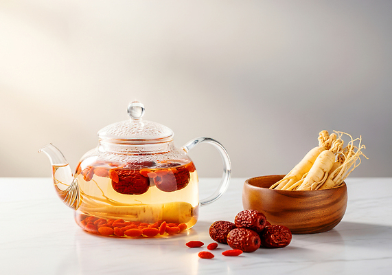 JPG 편집이미지 음료 고추 주전자 건강 한의학 인삼 찻주전자 대추 나무그릇 한방차 편집실사 AI컴퓨터그래픽 AI콘텐츠 그릇 채소 의학 주방용품 목재 차_음료 삼 전통차 CG 파일형식