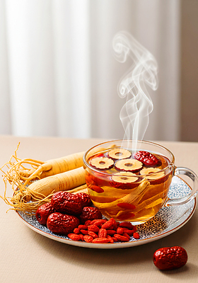 JPG 편집이미지 음료 자연 탁자 잔 건강 약재 뜨거움 인삼 연기 허브 대추 구기자 한방차 편집실사 AI컴퓨터그래픽 AI콘텐츠 식물 식기 열매 가구 차_음료 약 삼 전통차 CG 생태계 파일형식