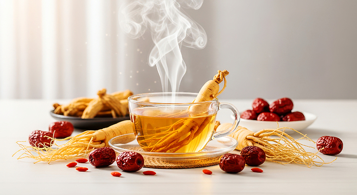 JPG 편집이미지 음료 재료 탁자 아침 디저트 따뜻함 건강 요리 컵 식사 인삼 준비 대추 한방차 편집실사 AI컴퓨터그래픽 AI콘텐츠 주간 식기 음식 가구 차_음료 삼 전통차 CG 파일형식