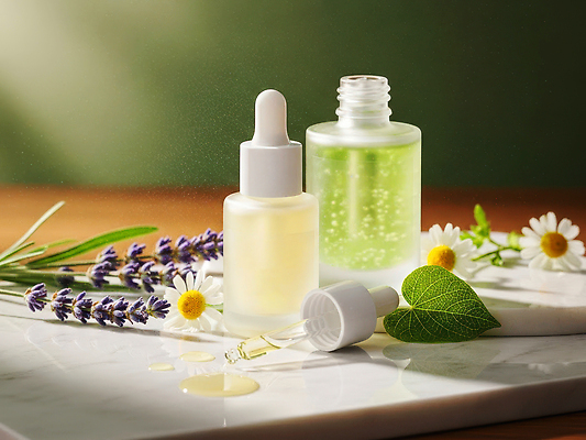 JPG 식물 편집이미지 꽃 잎 자연 탁자 관리 뷰티 화장품 액체 상품 피부 향 스킨케어 라벤더 캐모마일 편집실사 AI컴퓨터그래픽 AI콘텐츠 가구 신체부위 허브 CG 생태계 파일형식