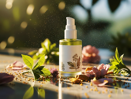 JPG 식물 편집이미지 꽃 자연 탁자 건강 장식 햇빛 화장 뷰티 화장품 상품 스킨케어 아이템 편집실사 AI컴퓨터그래픽 AI콘텐츠 가구 태양 CG 생태계 파일형식