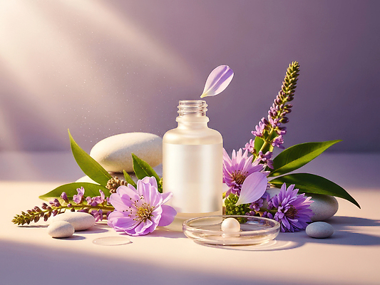 JPG 식물 편집이미지 꽃 자연 탁자 장식 뷰티 보라색 돌_바위 액체 분위기 떨어짐 향수 정리 조화 편집실사 AI컴퓨터그래픽 AI콘텐츠 컬러 가구 컨셉 화장품 CG 생태계 파일형식