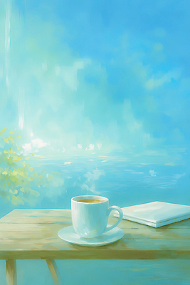 JPG 여유 물결 커피 음료 바다 생각 일러스트 자연 탁자 하늘 휴식 풍경 일상 컵 공책 공간 발코니 조용 단순화된 오후 국내일러스트 AI일러스트 AI콘텐츠 식기 감정 가구 컨셉 문구용품 라이프 생태계 파일형식