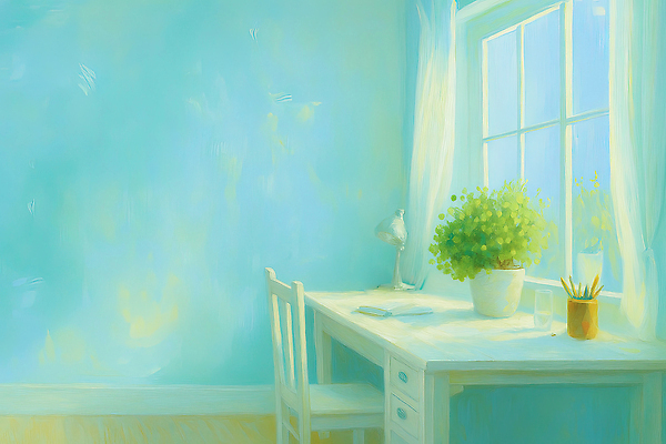 JPG 식물 디자인 화분 가구 하늘색 일러스트 창문 휴식 실내 밝음 일상 학습 공간 방 작업 분위기 책상 정리 국내일러스트 AI일러스트 AI콘텐츠 교육 생활용품 컨셉 내부 라이프 파란색 파일형식