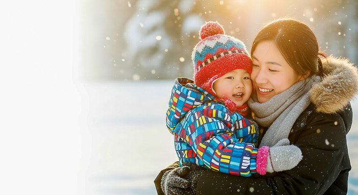 계절 감정 가족 관계 안기 눈_날씨 사람 발표 CG 파일형식 엄마 어린이 겨울 행복 부모 자녀 눈송이 보고 포옹 사랑 편집이미지 편집실사 JPG