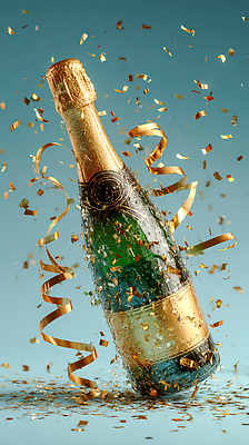 JPG 편집이미지 기념일 리본 음료 조각 이벤트 공중 파티 축제 금색 축하 샴페인 폭발 즐거움 순간 스파클링와인 이미지편집 AI컴퓨터그래픽 AI콘텐츠 감정 컬러 컨셉 주류 탄산 파일형식