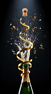 JPG 편집이미지 기념일 리본 종이 음료 날리기 이벤트 파티 거품 기쁨 금색 축하 샴페인 폭발 순간 스파클링와인 이미지편집 AI컴퓨터그래픽 AI콘텐츠 감정 컬러 컨셉 모션 주류 탄산 파일형식