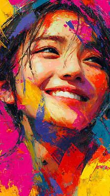 JPG 여자 행복 감정 얼굴 예술 컬러 백그라운드 일러스트 표정 미소 사람 청춘 표현 그리기 즐거움 그림 긍정 화사함 초상화 창작 국내일러스트 AI일러스트 AI콘텐츠 컨셉 모션 신체부위 파일형식