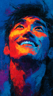 JPG 응시 남자 행복 감정 얼굴 예술 컬러 일러스트 웃음 기쁨 표현 그림 위 초상화 색채 생동감 창의력 특징 국내일러스트 AI일러스트 AI콘텐츠 시선 표정 사람 신체부위 방향 파일형식