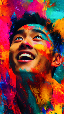 JPG 남자 행복 감정 문화 얼굴 예술 상징 컬러 백그라운드 신체 일러스트 표정 웃음 표현 색칠 벽화 그림 조화 초상화 밝은색 창의성 국내일러스트 AI일러스트 AI콘텐츠 사람 신체부위 파일형식