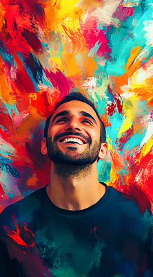 JPG 남자 행복 감정 얼굴 예술 컬러 백그라운드 일러스트 웃음 표현 감각 즐거움 그림 초상화 밝은색 국내일러스트 AI일러스트 AI콘텐츠 표정 사람 신체부위 파일형식