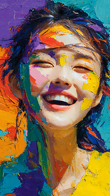 JPG 여자 감정 얼굴 예술 컬러 백그라운드 일러스트 미소 웃음 기쁨 표현 화려 즐거움 그림 작품 초상화 뷰티풀 색채 순간 유화 창작 국내일러스트 AI일러스트 AI콘텐츠 컨셉 표정 미술 사람 신체부위 파일형식