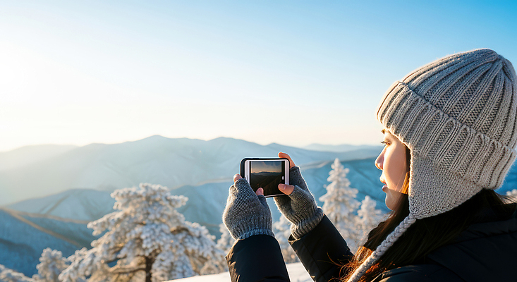 JPG 편집이미지 여자 여행 겨울 자연 하늘 휴식 산 풍경 스마트폰 등산 즐거움 의료성형뷰티 편집실사 AI인물포토 AI콘텐츠 계절 감정 컨셉 사람 핸드폰 스마트기기 트래킹 CG 생태계 파일형식 AI포토