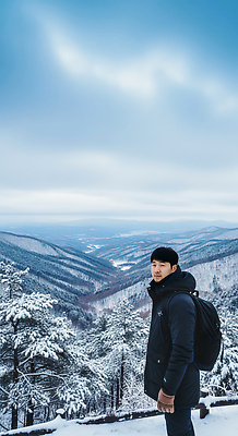 JPG 나무 편집이미지 남자 여행 겨울 자연 하늘 산 풍경 앞모습 등산 하이킹 탐험 흰색 의료성형뷰티 편집실사 AI인물포토 AI콘텐츠 식물 계절 뷰포인트 컬러 레저 사람 트래킹 CG 생태계 파일형식 AI포토