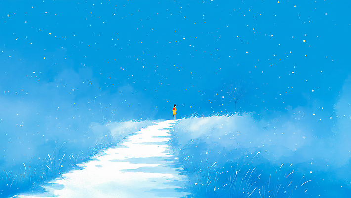 JPG 길 이동 생각 겨울 일러스트 자연 하늘 날씨 사람 풍경 파란색 고요 흰색 시간 눈송이 고독 호기심 순간 겨울풍경 국내일러스트 AI일러스트 AI콘텐츠 계절 감정 컬러 컨셉 눈_날씨 생태계 파일형식