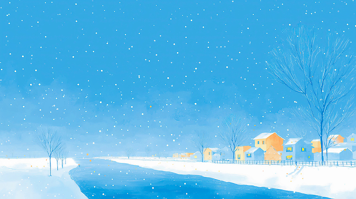 JPG 나무 컬러 겨울 일러스트 자연 하늘 날씨 주택 풍경 파란색 강 마을 흰색 시간 강가 땅 조용 국내일러스트 AI일러스트 AI콘텐츠 식물 계절 건물 생태계 파일형식