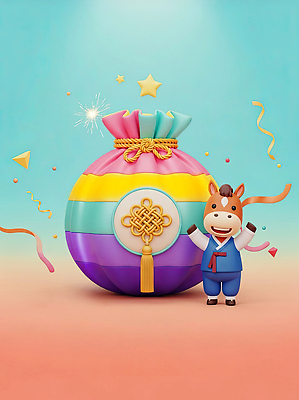 JPG 편집이미지 캐릭터 전통 행복 컬러 놀이 기념 복주머니 한국 웃음 이벤트 장식 축제 기쁨 주머니 오브젝트 말띠 기념물 연휴 편집3D 병오년 붉은말 AI컴퓨터그래픽 AI콘텐츠 감정 아시아 전통소품 표정 공휴일 3D 십이지신 말_동물 파일형식 2026년