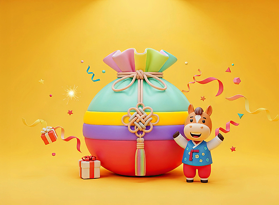 감정 아시아 컬러 컨셉 포유류 놀이 전통소품 사람 이벤트 3D 십이지신 말_동물 연도 파일형식 2026년 AI콘텐츠 캐릭터 선물 공 새해 장식 파티 축제 백그라운드 노란색 행복 기쁨 축하 한국 전통 문화 어린이 놀이터 JPG 병오년 붉은말 복주머니 말띠 편집이미지 편집3D AI컴퓨터그래픽