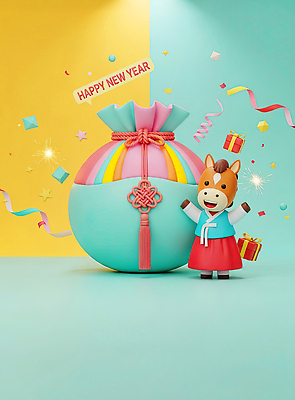 JPG 편집이미지 캐릭터 전통 옷 기념일 행복 문화 컬러 백그라운드 새해 복주머니 장식 파란색 노란색 파티 축하 춤 즐거움 오브젝트 말띠 장면 아이템 2026년 편집3D 병오년 붉은말 AI컴퓨터그래픽 AI콘텐츠 감정 컨셉 문화예술 전통소품 이벤트 3D 십이지신 말_동물 연도 파일형식