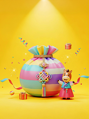 전통 기념일 감정 아시아 포유류 전통소품 이벤트 3D 십이지신 말_동물 파일형식 2026년 AI콘텐츠 복주머니 명절 장식 캐릭터 선물 축제 컬러 파티 기념 풍선 한국 문화 즐거움 디지털 예술 디자인 JPG 병오년 붉은말 말띠 편집이미지 편집3D AI컴퓨터그래픽