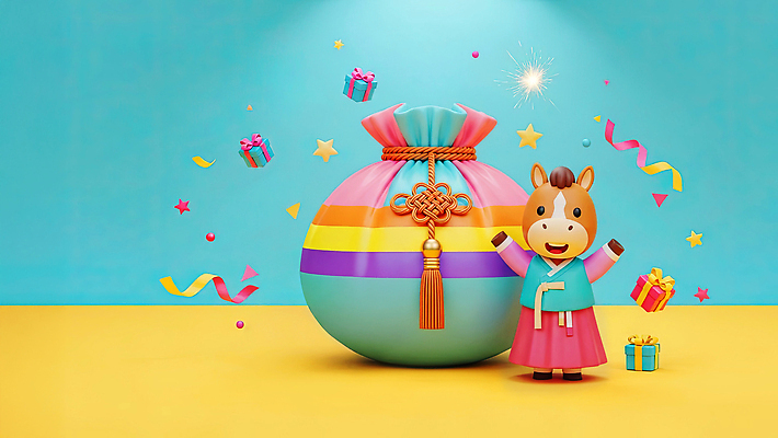 전통 기념일 컨셉 포유류 전통소품 이벤트 3D 십이지신 말_동물 연도 파일형식 2026년 AI콘텐츠 복주머니 캐릭터 새해 장식 선물 축하 감정 파티 디자인 그림 명절 동물 축제 문화 JPG 병오년 붉은말 말띠 편집이미지 편집3D AI컴퓨터그래픽