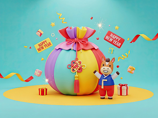 전통 기념일 감정 아시아 컨셉 전통소품 이벤트 3D 십이지신 말_동물 연도 파일형식 2026년 AI콘텐츠 새해 복주머니 캐릭터 축하 컬러 선물 장식 명절 소원 문화 한국 즐거움 디자인 행복 아이템 JPG 병오년 붉은말 말띠 편집이미지 편집3D AI컴퓨터그래픽