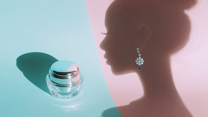 JPG 편집이미지 패션 실루엣 얼굴 장신구 그림자 장식 뷰티 귀걸이 화장품 크림 화장대 스킨케어 파스텔 이미지편집 AI컴퓨터그래픽 AI콘텐츠 가구 학용품 촬영기법 신체부위 파일형식