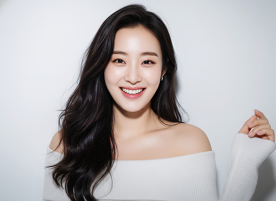 JPG 편집이미지 긴머리 여자 포즈 백그라운드 스튜디오 미소 웃음 사람 머리 카메라 검은색 사진촬영 촬영 흰색 배우 의료성형뷰티 편집실사 AI인물포토 AI콘텐츠 헤어스타일 컬러 표정 신체부위 전자제품 CG 연예인 파일형식 AI포토