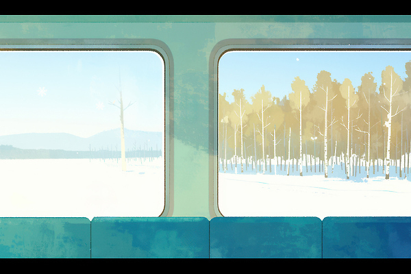 JPG 나무 응시 여행 이동 겨울 일러스트 창문 자연 하늘 산 풍경 야외 얼음 기차 탐험 흰색 시골 조용 멀리 차안 국내일러스트 자연요소 식물 시선 계절 육상교통 컬러 컨셉 대중교통 생태계 파일형식