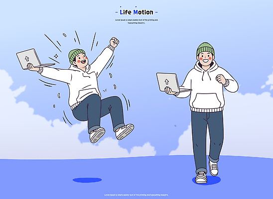 캐릭터 디자인 옷 감정 백그라운드 일러스트 모션 하늘 표정 사람 일상 노트북 달리기 운동 걷기 기쁨 즐거움 생동감 순간 액션 국내일러스트 AI파일 건강 라이프 전자제품 파일형식 벡터