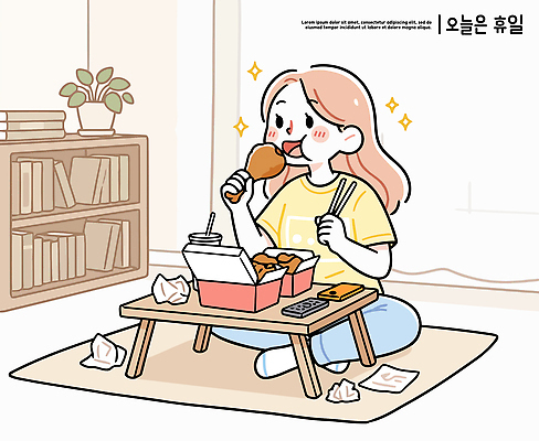여자 거실 일러스트 포장 휴식 디저트 주택 소파 텔레비전 치킨 시간 휴일 영화 배송 즐거움 제사 방송 안방 혼자 간편조리식품 국내일러스트 AI파일 감정 음식 컨셉 의자 문화예술 사람 건물 전자제품 전통의례 닭고기요리 파일형식 벡터