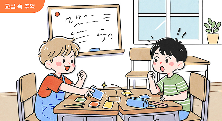 어린이 일러스트 교실 모션 놀이 협력 친구 학습 칠판 소리 게임 시간 카드 집중 책상 즐거움 나눔 보드게임 학습도구 반응 국내일러스트 AI파일 교육 감정 가구 컨셉 학교 관계 사람 교육용품 파일형식 벡터