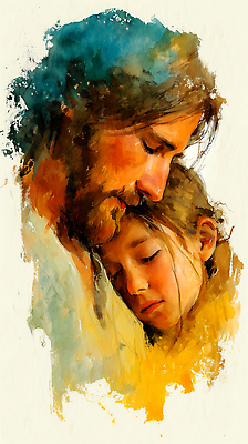 JPG 딸 감정 일러스트 가족 관계 포옹 함께함 따뜻함 사랑 사람 마음 표현 예수 아빠 연결 그림 조화 뷰티풀 순간 존재 국내일러스트 AI일러스트 AI콘텐츠 컨셉 안기 신_종교 파일형식