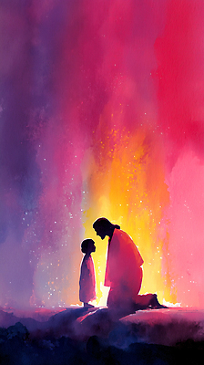 JPG 감정 종교 어린이 예술 상징 컬러 백그라운드 일러스트 관계 창조 대화 사람 스크린 기도 표현 예수 그림 무릎 장면 존경 상호작용 국내일러스트 AI일러스트 AI콘텐츠 말하기 신체부위 신_종교 파일형식